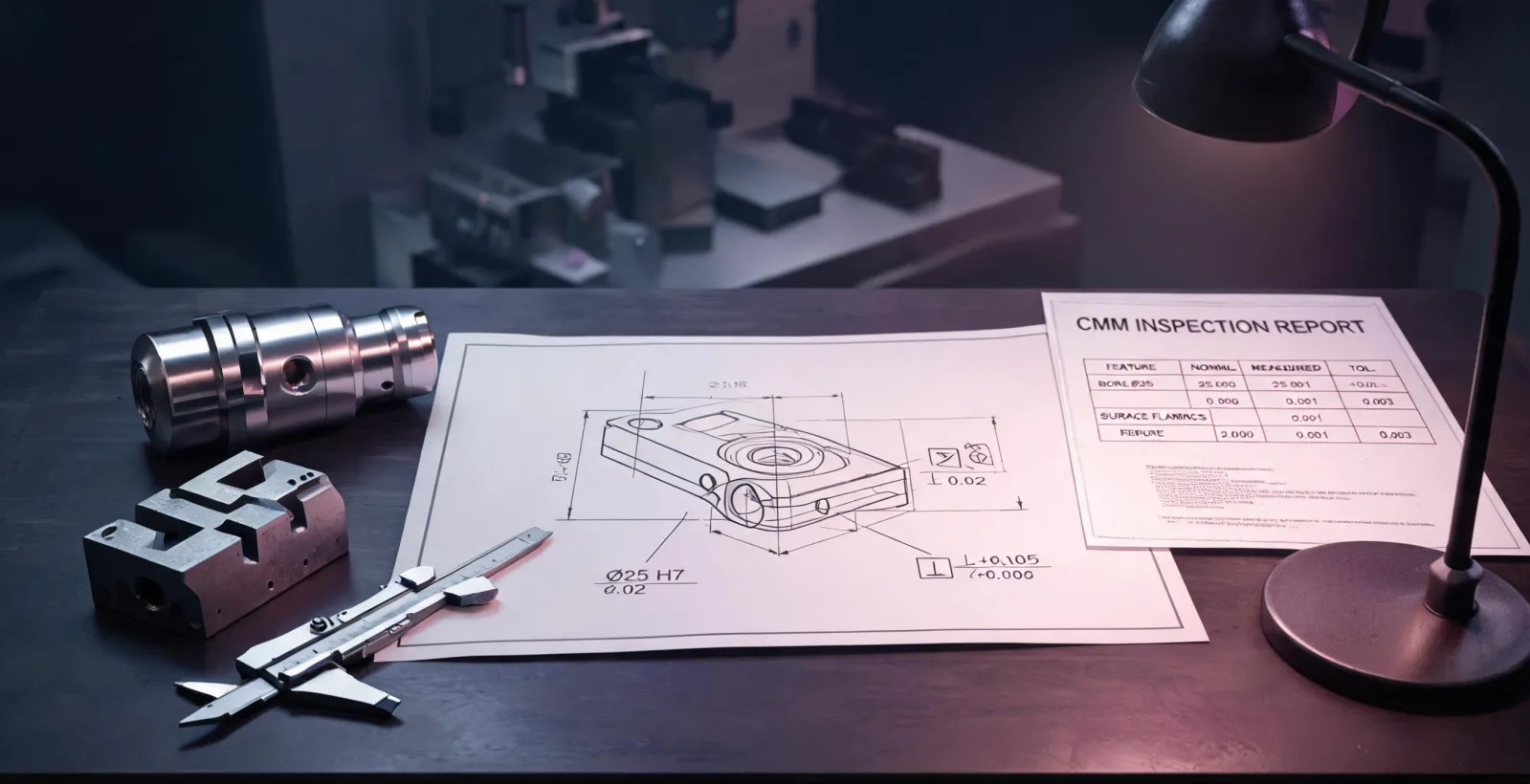 Engineering review desk with CNC drawing and inspection reports