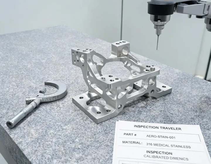 Machined aerospace and medical components on inspection plate